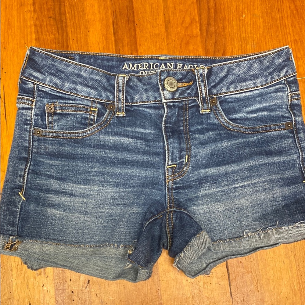 American Eagle Outfitters Blue Jean Shorty Shorts with Classic Medium Wa…